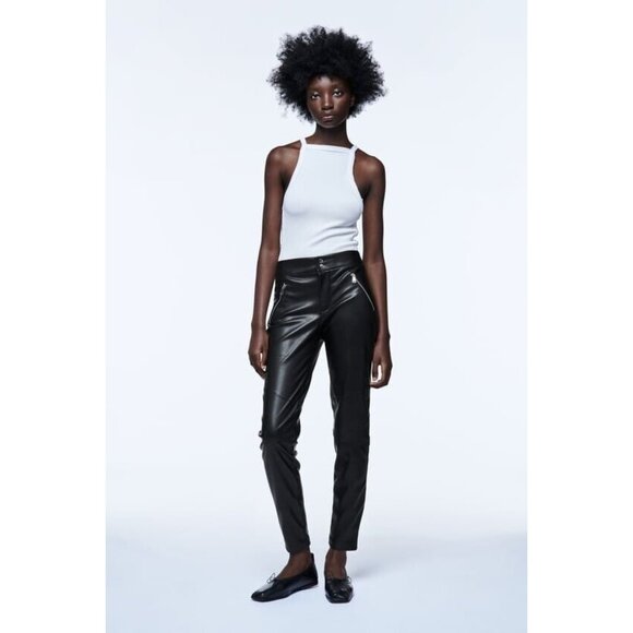 Zara Pants The Biker Black Faux Leather Ankle Zip Skinny High Rise - Picture 2 of 15